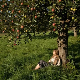Ich sehe sie, sehe mich und sehe Wiese, die mich umgibt. Ich stütze mich im unebenen Grass ab, ziehe meine Beine heran und stehe auf. Neben mir ein stämmiger jedoch kleiner Baum. An ihm und um ihn herum Äpfel. Einer davon, dort wo ich wohl an den Baum gelehnt lag, angebissen.