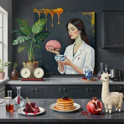 uncluttered dark kitchen of an art student, sensual portrait of a female pathologist holding a brain, japanese pottery, scales, tropical houseplants, test tubes, honey dripping from ceiling, berries dripping juice, pancakes, pomegranate, berries, alpaca sculpture, octopus, scientific glassware, neo - expressionism, surrealism, acrylic and spray paint and oilstick on canvas