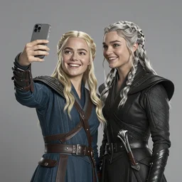 maisie williams as arya taking a selfie with carice van houten as melisandrei in game of thrones, studio lighting