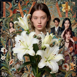 pretty model with white lilies : : by martine johanna and simon stalenhag and chie yoshii and casey weldon and wlop : : ornate, dynamic, particulate, rich colors, intricate, elegant, highly detailed, vogue, botanical, harper's bazaar art, fashion magazine, smooth, sharp focus, 8 k, octane render