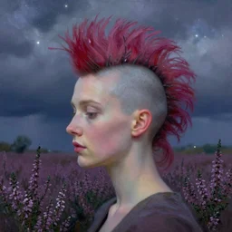 closeup, giant flower head over mohawk, woman in heather field, surreal photography, starlight, storm clouds, impressionist painting, digital painting, artstation, simon stalenhag