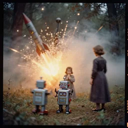 kodak portra 4 0 0, wetplate, muted colours, blueberry, 1 9 3 0 s style, motion blur, portrait photo of a backdrop, explosions, rockets, bombs, sparkling, tin toy robot in a forest, haze, fog, by georges melies and by britt marling