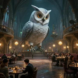 a cyberpunk hogwarts dining hall, with a giant robot owl, by paul lehr - n 9