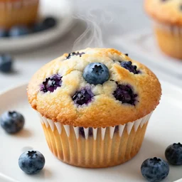 A steaming blueberry muffin
