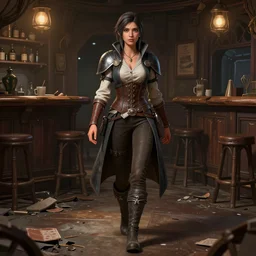 full body character portrait of a female lavellan from dragon age walking through a destroyed dive bar wearing inquisitor clothes, with a realistically proportioned face, realistically rendered face, enhanced face, 3 d model, 3 d headsculpt, headsculpt, illustration, digital painting, realistic lighting, photorealistic eyes, good value control, realistic shading, substance painter, painted texture maps