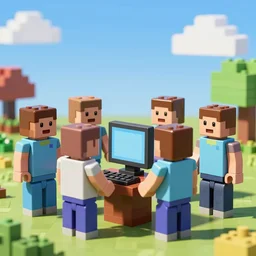 35 mm photo of block figures looking like roblox figures who are sharing a computer in a block world, having fun in the sun, bright and fun colors