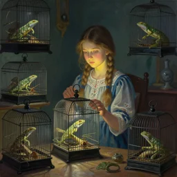 a painting of a russian young girl in her room full of cages with reptiles, night light lighting only on her face digital painting, artstation, concept art, smooth, sharp focus, illustration, art by artgerm and greg rutkowski and alphonse mucha