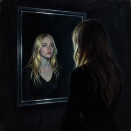 silhouette of a Elle Fanning gazing in a mirror, pitch black room, extremely detailed masterpiece, oil on canvas, low-key neon lighting, artstation, Blade Runner 2049, Roger Deakin’s cinematography, by J. C. Leyendecker and Edward Hooper and Bosch,