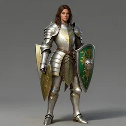full body portrait of a rugged tanned female warrior medium length brown hair and a very highly detailed face wearing elegant white, green and gold plate mail armor intricately painted, holding a huge shield, very highly detailed, artstation, cgsociety, realistic character concept art, sharp focus, by greg rutkowski, and alphonse mucha