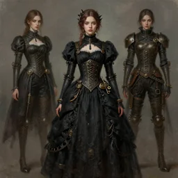 portrait painting of a girl wearing black steampunk dress by cedric peyravernay and sergey kolesov concept design, trending on artstation