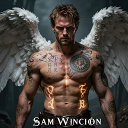 muscular Sam Winchester as an angel with religious tattoos on chest and neck, with glowing runes on the body, dark fantasy book cover style, D&D dark fantasy style, sharp focus, ultra detailed, art by Artgerm and Peter Andrew Jones, Karol Bak, Ayami Kojima, Amano and Olivier Ledroit