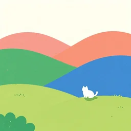 minimalist illustrations that depict cats as part of colorful landscapes
