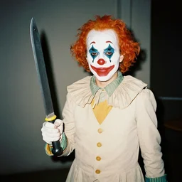 a beige clown holding a machete, 3 5 mm film
