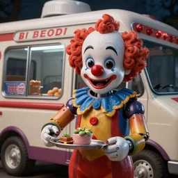 close up of a animatronic clown serving a 🍦 from a icecream truck at night, real - hair, photorealistic, hyperdetailed 3 d matte painting, hyperrealism, hyperrealistic, cinematic, silent hill, horror style, unrealengine octane render,
