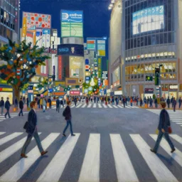 impressionist oil painting of Shibuya crossing at night, award winning artwork