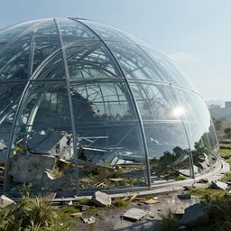glass arcology dome in ruins. unreal engine, octane, nanite, lut, final render, specular highlights. subsurface scattering. raytrace. rtx 3 8 4 0 x 2 1 6 0