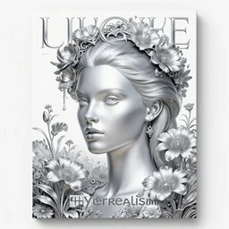 3 d hyperrealism art glamorous sci - fi cover magazine, top - model head with a lot of garden flowers, beautiful whimsical botanical illustration, silver and blue flowers, dragonfly, firefly, mushrooms, enchanted botany, dark grainy background, devine mood, by android jones and greg rutkowski, digital matte painting, papercut art style