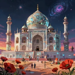 a beautiful photorealistic anime illustration of gurdwara nature abandoned architecture by renzo piano, at night poppy magic realism galactic extraterrestial made of glass postcyberpunk neon signs steampunk futuristic at dawn scumm bar desert biopunk, archdaily, wallpaper, highly detailed, trending on artstation.