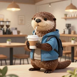 anthropomorphic furry otter wearing cool clothes in a coffee shop, trending on art station, furaffinity, kilian eng, dean ellis