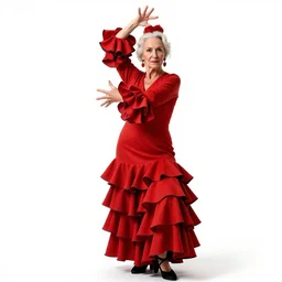 elderly flamenco dancer in red dress, high detail digital art, full body, standing, isolated on a pure white background, centered, whole figure in frame, sharp focus, studio lighting