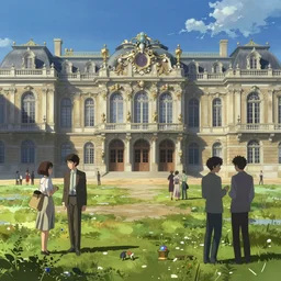 an ornate baroque palace, party in front, scene in an open field. key visual, conceptart, ambient lighting, highly detailed, digital painting, artstation, concept art, sharp focus, by makoto shinkai and akihiko yoshida and greg manchess