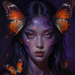 baroque neoclassicist close - up portrait of a dark retrofuturistic alien butterfly fairy goddess gazing intensely with big eyes. dark purple and orange light. iridescent and reflective textures. highly detailed science fiction painting by norman rockwell, frank frazetta, and syd mead. rich colors, high contrast, gloomy atmosphere. trending on artstation and behance.