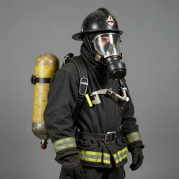 1 8 th century fire fighter with breathing apparatus and high tech gear, cutting edge technology of the time, fire fighter gear from the 1 8 0 0's, fireman wearing protective gear and breathing equipment, early oxygen tanks, early breathing equipment to help survive fires and smoke a museum piece from early 1 8 0 0's