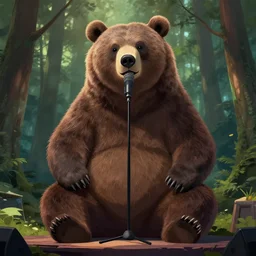 a giant humanoid bear singing on a stage in a forest, digital art, detailed face, highly detailed, calm, deviantart, art by greg rutkowski, artstation, natural lighting, dramatic
