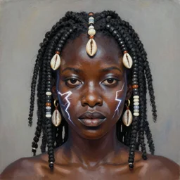 “sango God of thunder plaited hair beads cowry Nigerian lightning facial details proportionate dark skinned symmetrical digital art oil painting Edward hooper”