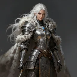beautiful portrait of a female barbarian with white hair, pale blue eyes, looking at camera, D&D, fur cape, full body plated armor, long wild spiky hair, cocky smirk, intricate outfit, elegant, stylish, fantasy, dark fantasy, epic fantasy, extremely detailed, digital painting, artstation, concept art, HD, 8k, smooth, sharp focus, illustration, stunning lighting, art by artgerm and Krenz Cushart and Yoshitaka Amano and Noriyoshi Ohrai and Frank Frazetta, fully clothed, fully dressed