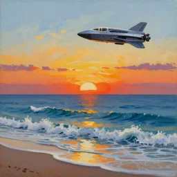 popular decorative art oil painting with contrasting composition, sunset with sea waves on beach with hightec spaceship in sky over sea, millennium