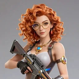 Overwatch character design portrait, woman with curly ginger hair, round golden eyeglasses and decorative necklace, she holds a scifi rifle