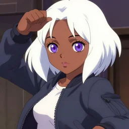 anime poster film still portrait of a black young woman, large, purple eyes!!!, white hair!!!!!, french bob, bomber jacket, detailed facial features, dynamic pose, cute face by ilya kuvshinov, yoh yoshinari, makoto shinkai, rimlight, cel shaded, 4 k