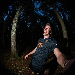 laughing robert lewandowski caught on trail cam at night, in a dark forest, fisheye!!!