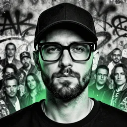 highly detailed portrait of beautiful christian slater, thick stubble, square jaw, mr robot, baseball cap thick square glasses, by atey ghailan, by greg rutkowski, by greg tocchini, by james gilleard, by joe fenton, by kaethe butcher, gradient green, black and white color scheme, grunge aesthetic!!! ( ( graffiti tag wall background ) )