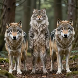 furry cat woman in a forest 8 b 4?? with real wolves