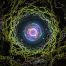 high moss inside hollow earth jewelry mine full colored, looping wormhole teleport, quantum physics cell, nucleus, fireflies, hight contrast, void, 8 k resolution, unreal engine 5, hyper - detailed, morning mood by beeple, justin gerard