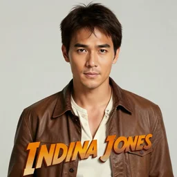 poster of young smart and handsome and beautiful thai male dressed as indiana jones, title as เพชรพระอมา, art by art by drew struzan