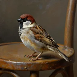 sharp focus, artstation, an oil painting of a sparrow perched on a chair, by diego velazquez, oleo, highly detailed