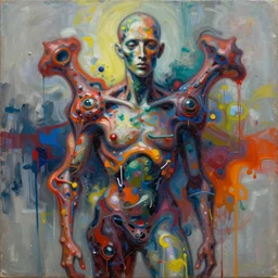 abstract expressionism oil painting intertwined with a mutant biomorphic biological human structure, spray paint texture, drips, impasto paint, 3 d graffiti texture, brushstrokes, abstract, highly detailed, hyperealistic fresh paint, harmonious, chaotic, colorful, in the style of francis bacon