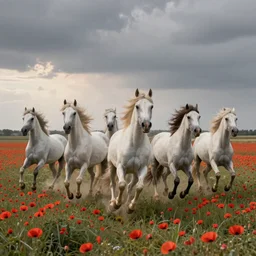 ultra wide angle landscape portrait :: six muscular photorealistic white horses run wildly in the wind across a vast field of poppies at twilight :: styles by John Frederick Herring, Susan Crawford, Rosa Bonheur, Jacques-Louis David, and John Collier