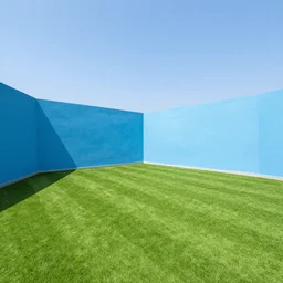 outdoor fully enclosed room with perfectly mowed grass floor and flat painted blue sky walls