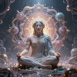 consciousness sitting in the center of the multi dimensional latent space conceptualizing our divine imagination, style of dariusz zawadzki, par olofsson, tristan eaton, visually stunning, ultra realistic, hyper realism, 1 2 k, epic, octane render, unreal engine, vfx, super intricate esoteric symbols liquid fluidity of creativity