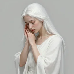 benevolent lady, closed eyes, graceful, white gown, kindness, sadness, long white hair, straight hair, long shot, highly detailed, digital painting, artstation, concept art, sharp focus, illustration, 1 2 3 4, art mark brooks and luis royo