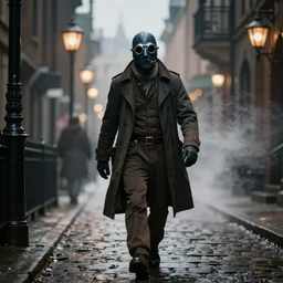 a photography of man wearing plague doctor mask and clothes walks through a Victorian city, trending in artstation, photo-realistic, dramatic light, bokeh effect, volumetric fog, ultra detailed, realistic, 8k