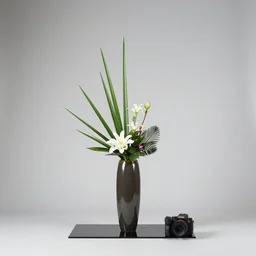 a photo of 8k Ikebana in flower vase, ikenobo, ohararyu, sougetsu, wide angle, full body, sony a7r3, ultra detail, photorealistic, in simple background