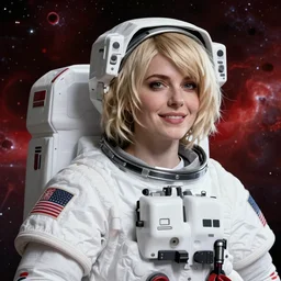 highly detailed portrait of a hopeful pretty astronaut lady with a wavy blonde hair, by Bill Medcalf, 4k resolution, nier:automata inspired, bravely default inspired, vibrant but dreary but upflifting red, black and white color scheme!!! ((Space nebula background))