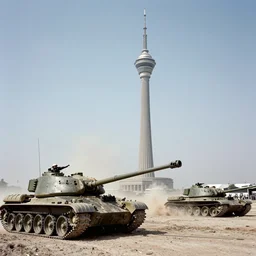 A 200 foot tall George H.W. Bush destroys Iraqi tanks, historical photo