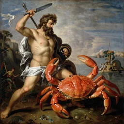 High detailed painting of a bearded Hercules fighting a giant red crab, by Giambattista Tiepolo, 1736