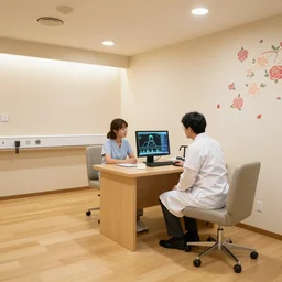 The zen environment of the hospital room of the five star hotel located in the Kyoto spaceship, with calming bright lights and a welcoming Japanese rose pattern on the wall and a breathtaking wooden floor; a doctor and her patient look at a computer screen showing medical graphs